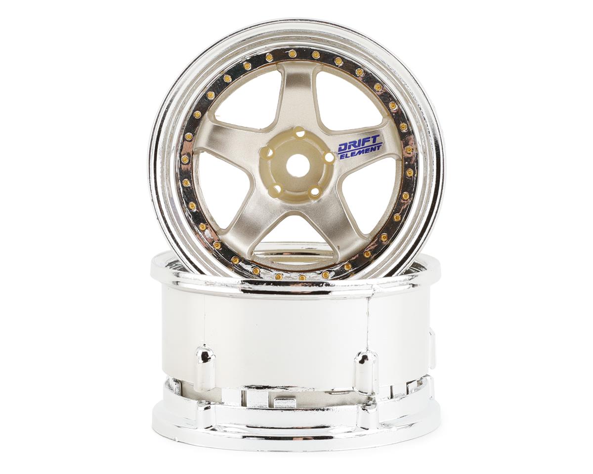 DS RACING DSC-DE-016 Drift Element 5 Spoke Drift Wheels (Gold & Chrome w/Gold Rivets) (2) (Adjustable Offset) w/12mm Hex