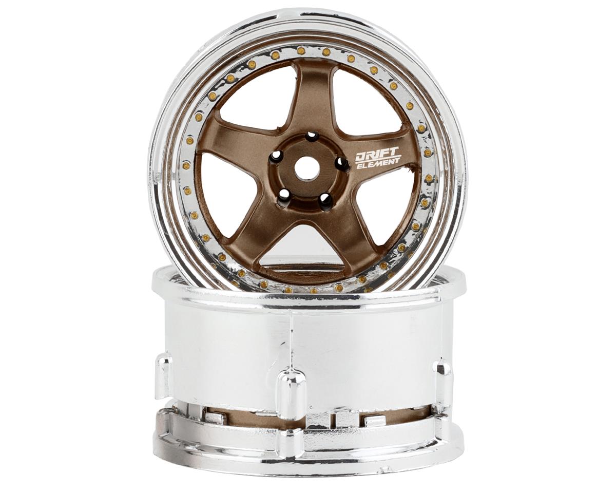 DS RACING DSC-DE-022 Drift Element 5 Spoke Drift Wheels (Bronze & Chrome w/Gold Rivets) (2) (Adjustable Offset) w/12mm Hex