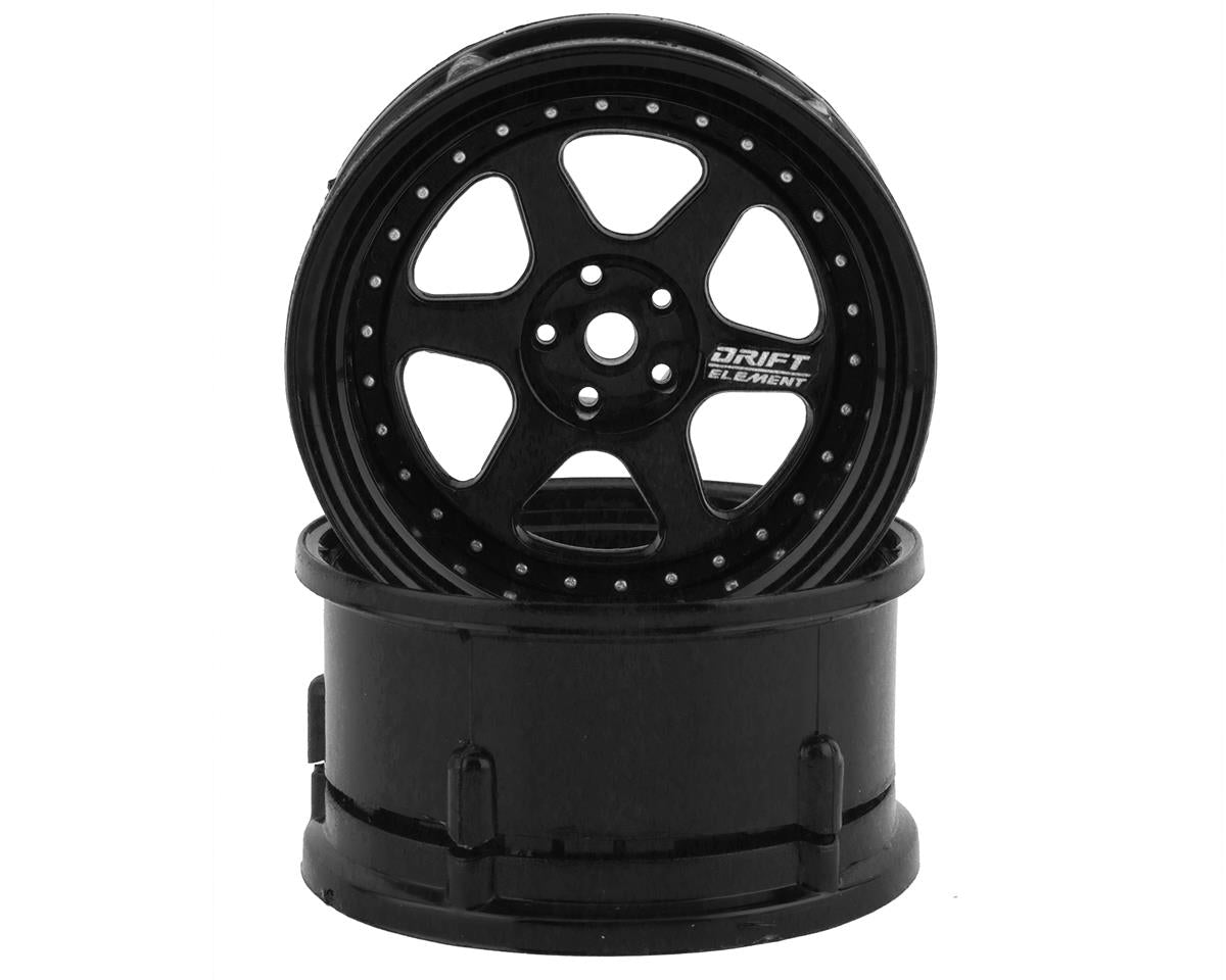DS RACING DSC-DE-206 Drift Element 6 Spoke Drift Wheels (Triple Black w/Silver Rivets) (2) (Adjustable Offset) w/12mm Hex
