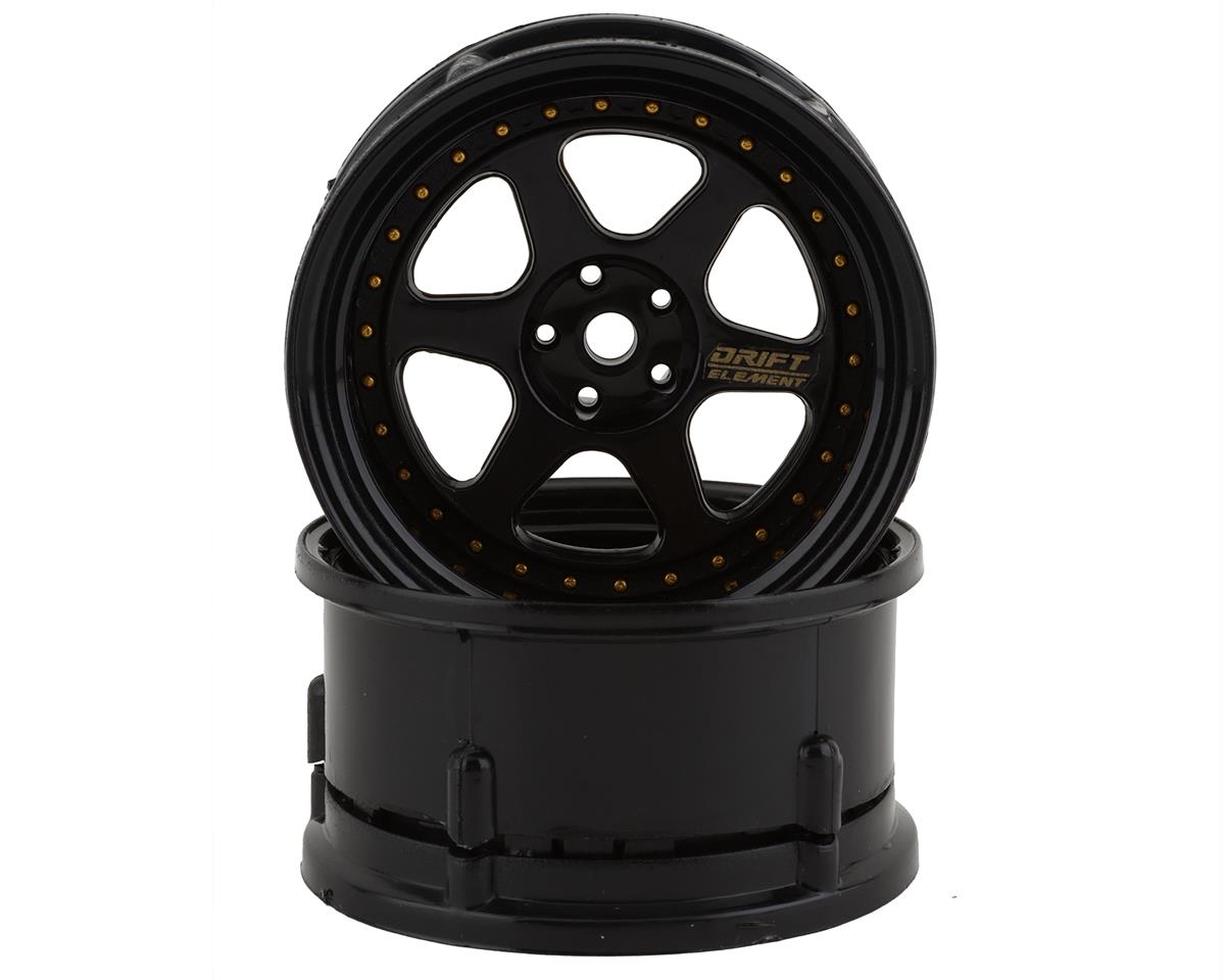 DS RACING DSC-DE-207 Drift Element 6 Spoke Drift Wheels (Triple Black w/Gold Rivets) (2) (Adjustable Offset) w/12mm Hex