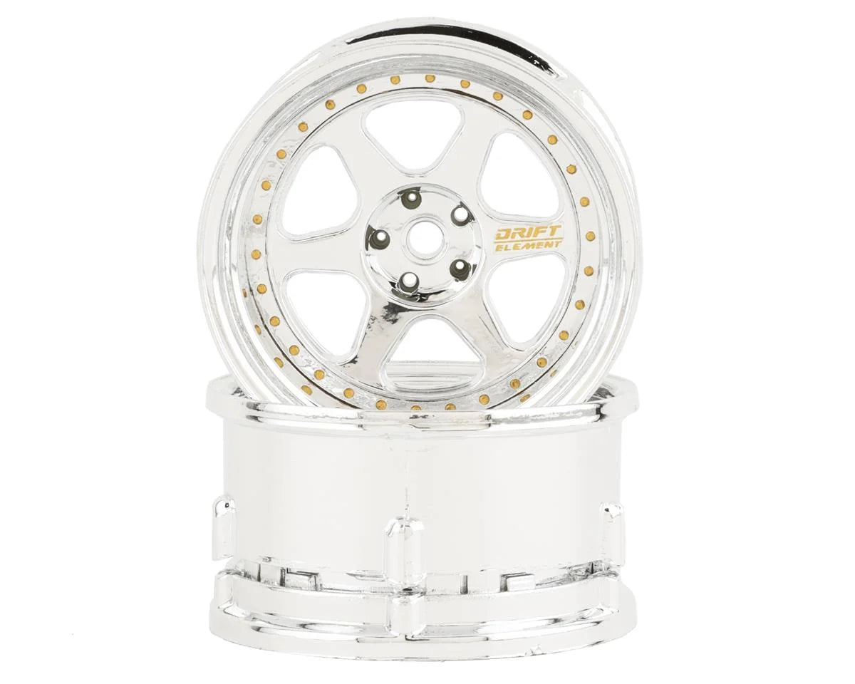 DS RACING DSC-DE-209 Drift Element 6 Spoke Drift Wheels (Triple Chrome w/Gold Rivets) (2) (Adjustable Offset) w/12mm Hex