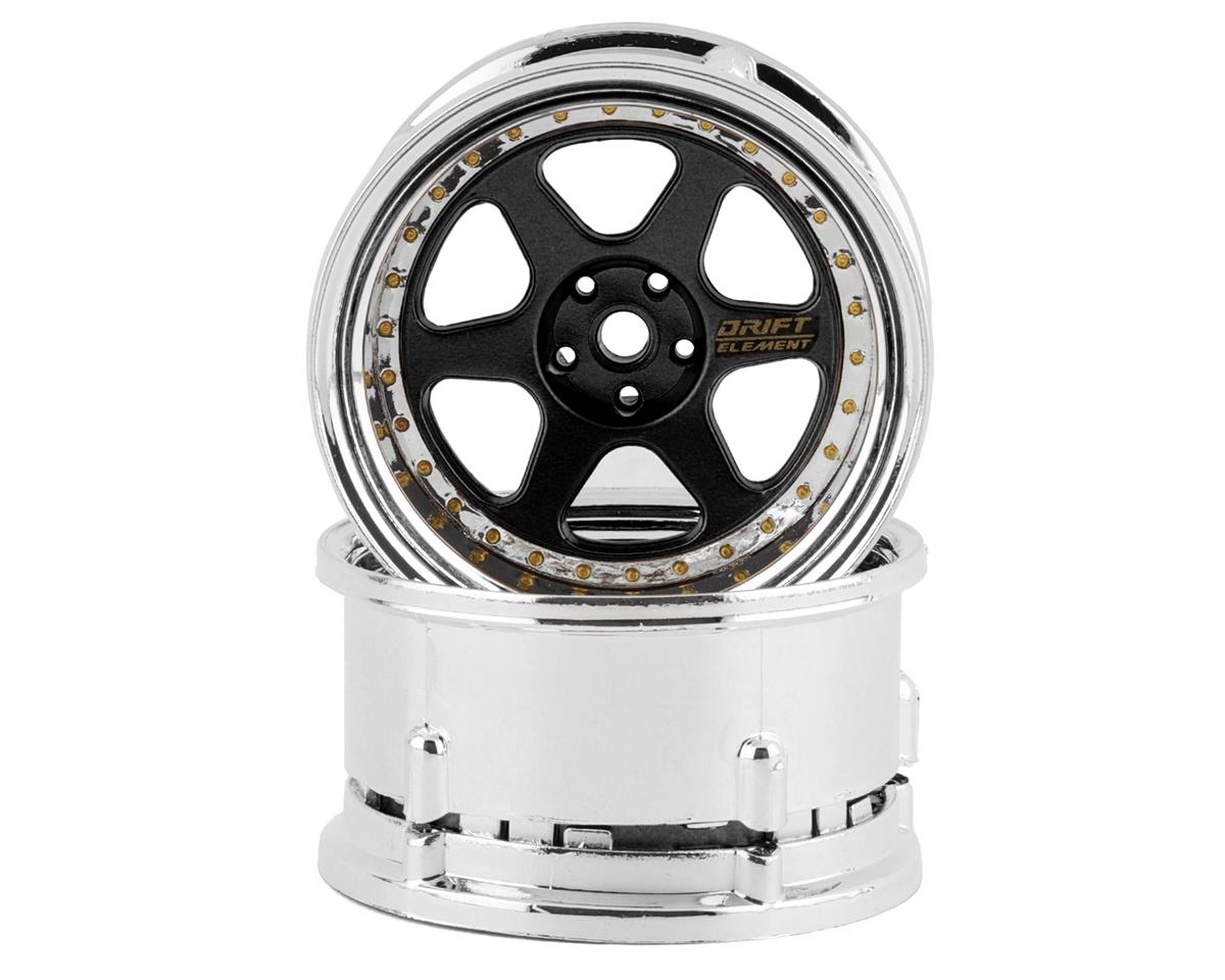 DS RACING DSC-DE-213 Drift Element 6 Spoke Drift Wheels (Black & Chrome w/Gold Rivets) (2) (Adjustable Offset) w/12mm Hex