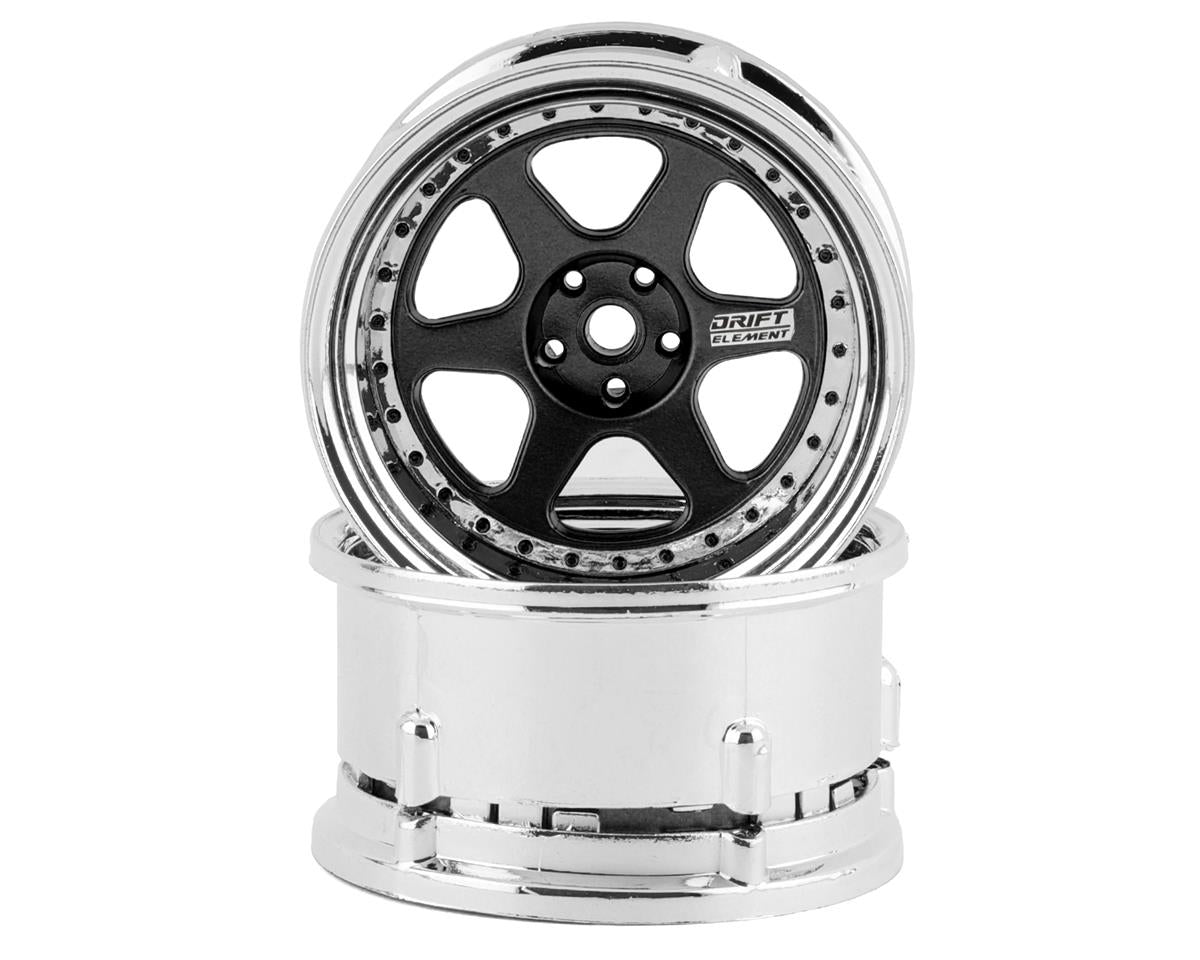 DS RACING DSC-DE-214 Element 6 Spoke Drift Wheels (Black & Chrome w/Black Rivets) (2) (Adjustable Offset) w/12mm Hex