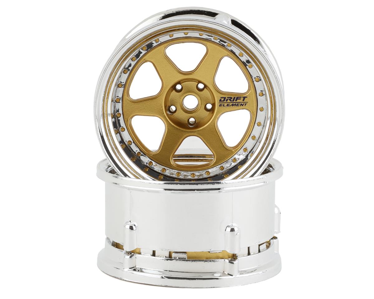 DS RACING DSC-DE-218 Drift Element 6 Spoke Drift Wheels (Gold & Chrome w/Gold Rivets) (2) (Adjustable Offset) w/12mm Hex