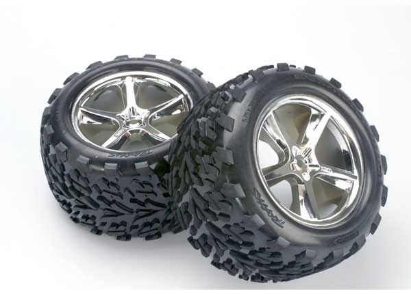 TRAXXAS 5374 Tires & wheels, assembled, glued (Gemini chrome wheels, Talon tires, foam inserts) (2) (also fits Maxx® series)