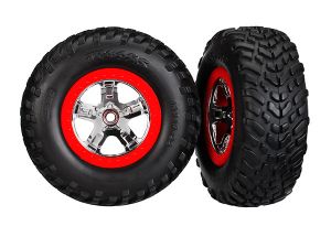 TRAXXAS 5887 Tires & wheels, assembled, glued (SCT chrome wheels, red beadlock style, dual profile (2.2" outer, 3.0" inner), SCT off-road racing tires, foam inserts) (2) (4WD f/r, 2WD rear) (TSM rated)