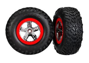 TRAXXAS 5887R Tires & wheels, assembled glued S1 compound SCT chrome wheels red beadlock style, dual profile (2.2" outer, 3.0" inner), SCT off-road racing tires, foam inserts (2) 4WD front / rear 2WD rear TSM rated
