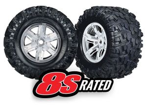 TRAXXAS 7772R Tires & wheels, assembled, glued X-Maxx satin chrome wheels, Maxx AT tires, foam inserts left & right (2)