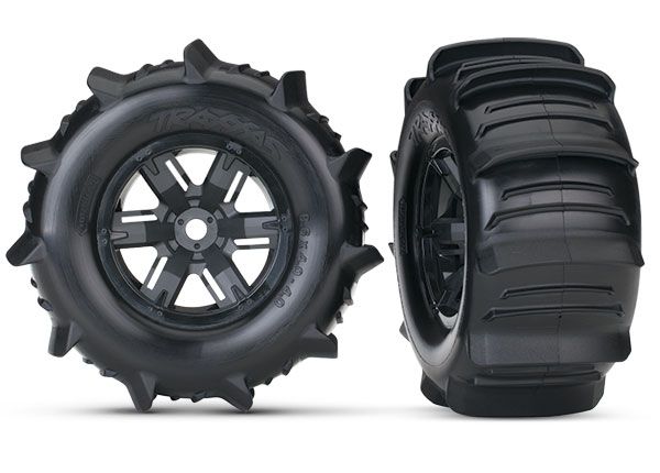 TRAXXAS 7773 Tires & wheels, assembled, glued X-Maxx black wheels, paddle tires, foam inserts left & right (2)