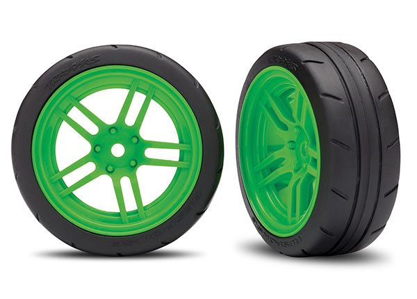 TRAXXAS 8373G Tires and wheels, assembled, glued (split-spoke green wheels, 1.9" Response tires) VXL Rated (front) (2)