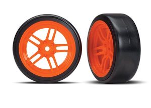 TRAXXAS 8376A Tires & Wheels, Assembled, Glued (split-Spoke Orange Wheels, 1.9" Drift tires) (front)