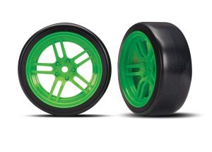 TRAXXAS 8376G Tires and Wheels, Assembled, Glued split-Spoke Green Wheels, 1.9" Drift tires front