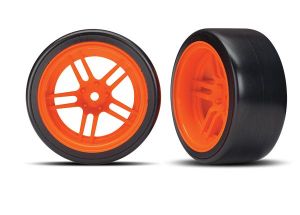 TRAXXAS 8377A Tires and Wheels, Assembled, Glued (split-Spoke Orange Wheels, 1.9" Drift tires) (Rear)