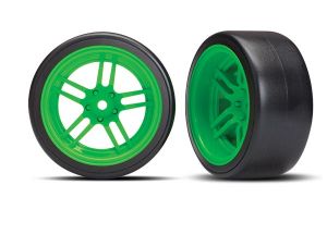 TRAXXAS 8377G Tires & Wheels Assembled, Glued split-Spoke Green Wheels, 1.9" Drift tires rear