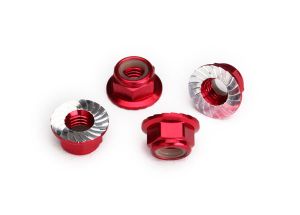 TRAXXAS 8447R Nuts, 5mm flanged nylon locking (aluminum, red-anodized, serrated) (4)