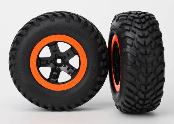 TRAXXAS 5863 Tires & wheels, assembled, glued (SCT black, orange beadlock wheels, dual profile (2.2" outer, 3.0" inner), SCT off-road racing tire, (4WD front/rear, 2WD rear) (TSM rated)