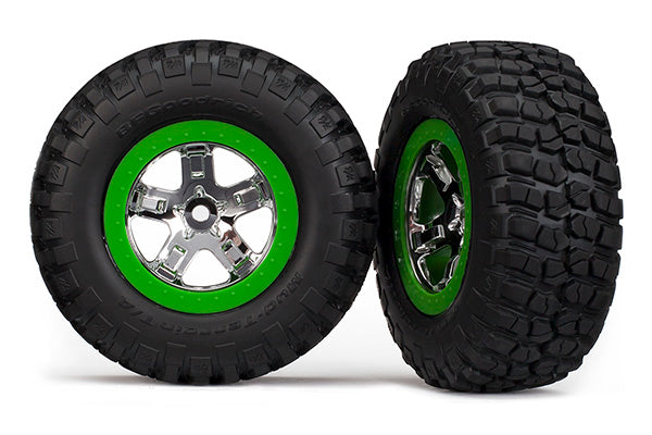 TRAXXAS 5865 Tires & Wheels, Assembled, Glued (SCT, Chrome, Green Beadlock Wheel, BFGoodrich® Mud-Terrain™ T/A® KM2 tire (2WD front only)