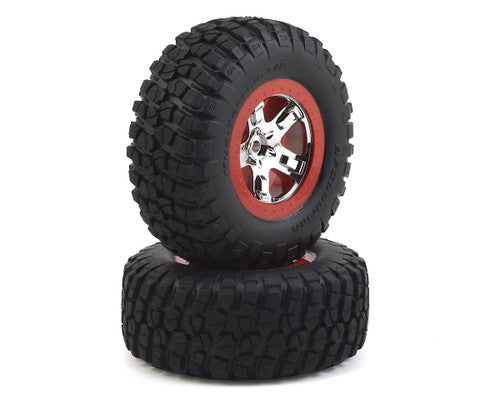 TRAXXAS 5867 Tires & wheels assembled glued SCT chrome red beadlock style wheels BFGoodrich Mud-Terrain T/A KM2 tires, 4WD front / rear 2WD rear only