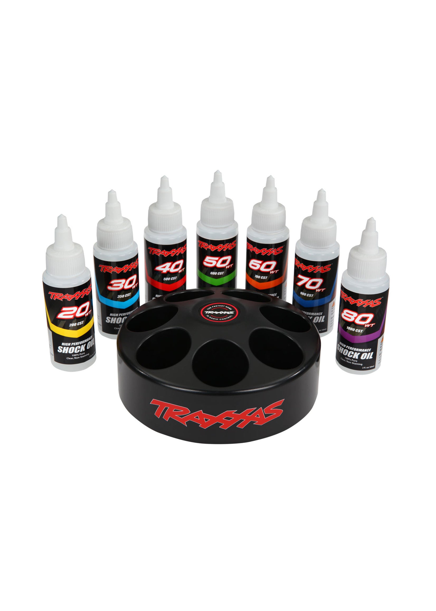 TRAXXAS 5038X Shock oil set includes 20 wt, 30 wt, 40 wt, 50 wt, 60 wt, 70 wt, & 80 wt premium shock oils with spinning carousel rack